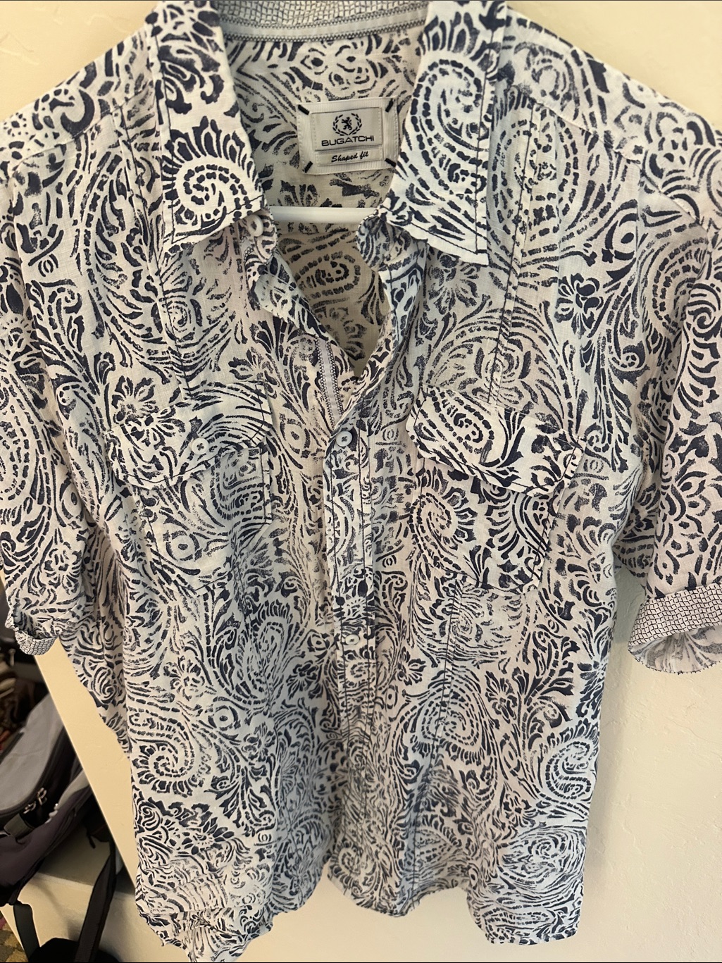 Bugatchi White & Navy Paisley Short Sleeve Button-Down Shirt